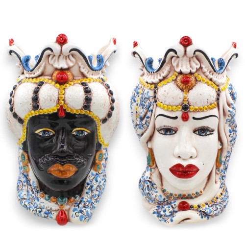 Siciliaanse Moorkoppen (paar) h ca. 38 cm Emiri, Caltagirone-keramiek, 17e-eeuwse MD1-decoratie
