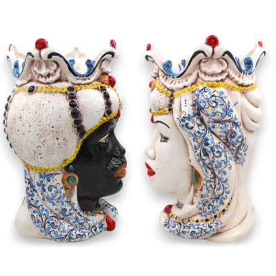 Teste di Moro Siciliane (coppia) h 38 cm ca. Emiri, ceramica Caltagirone, decoro '600 MD1 - 