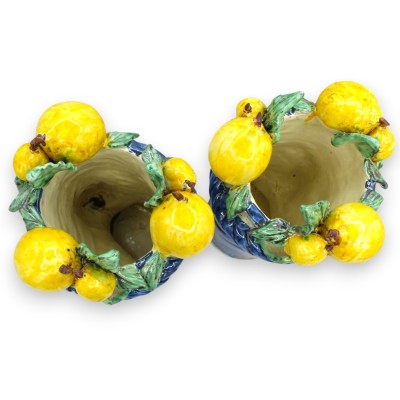 Cabezas de moro siciliano (par) h 31 / 32 cm aprox. con corona de limones, cerámica de Caltagirone, fondo azul - 