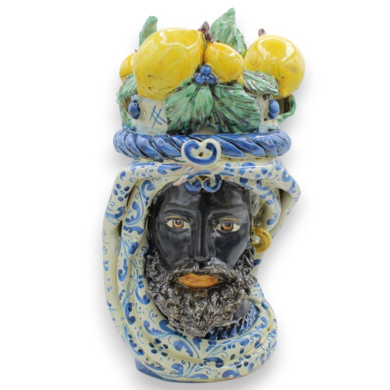 Cabezas de moro siciliano (par) h 31 / 32 cm aprox. con corona de limones, cerámica de Caltagirone, fondo azul - 