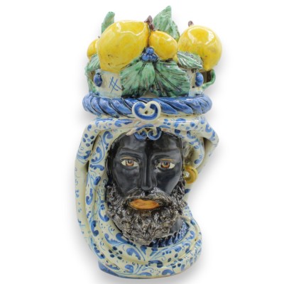 Cabezas de moro siciliano (par) h 31 / 32 cm aprox. con corona de limones, cerámica de Caltagirone, fondo azul - 
