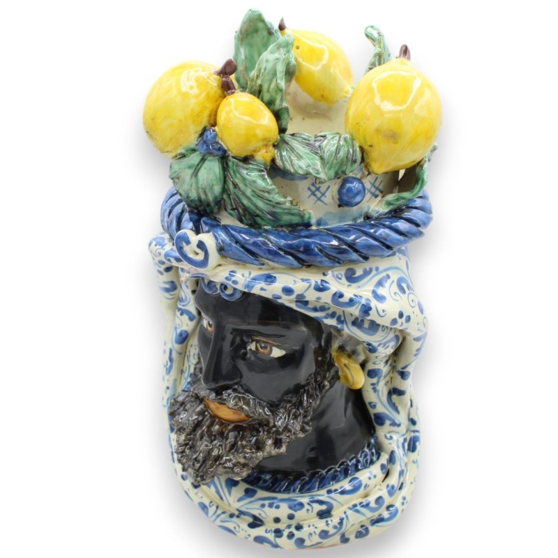 Cabezas de moro siciliano (par) h 31 / 32 cm aprox. con corona de limones, cerámica de Caltagirone, fondo azul - 