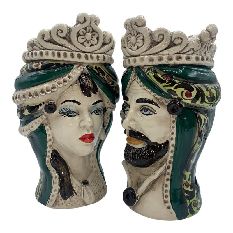 Sicilianska morhuvuden (1st) h ca 20 cm Caltagirone keramik, modell I Normanni, grön färg - 