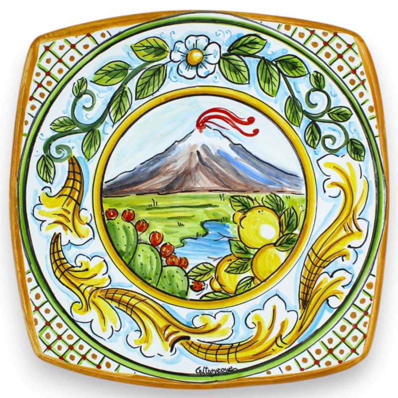 Sushi Serving Plate or Hanging Plate, Caltagirone Ceramic, L 27 x 27 cm approx. Etna Landscape and Baroque Decoration - 