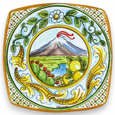 Sushi Serving Plate or Hanging Plate, Caltagirone Ceramic, L 27 x 27 cm approx. Etna Landscape and Baroque Decoration - 