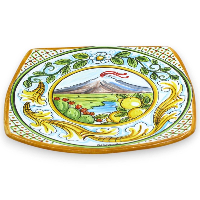Sushi Serving Plate or Hanging Plate, Caltagirone Ceramic, L 27 x 27 cm approx. Etna Landscape and Baroque Decoration - 