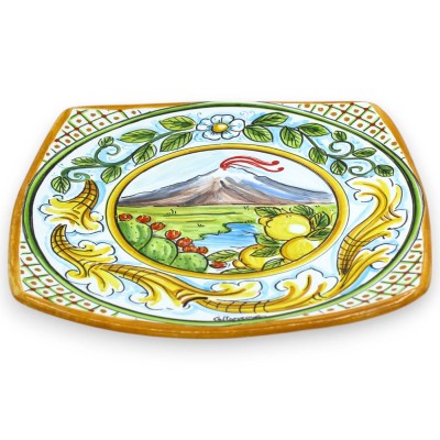 Sushi Serving Plate or Hanging Plate, Caltagirone Ceramic, L 27 x 27 cm approx. Etna Landscape and Baroque Decoration - 