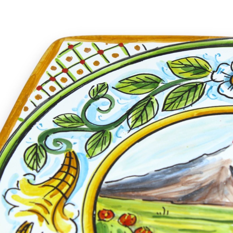 Sushi Serving Plate or Hanging Plate, Caltagirone Ceramic, L 27 x 27 cm approx. Etna Landscape and Baroque Decoration - 
