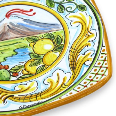 Sushi Serving Plate or Hanging Plate, Caltagirone Ceramic, L 27 x 27 cm approx. Etna Landscape and Baroque Decoration - 
