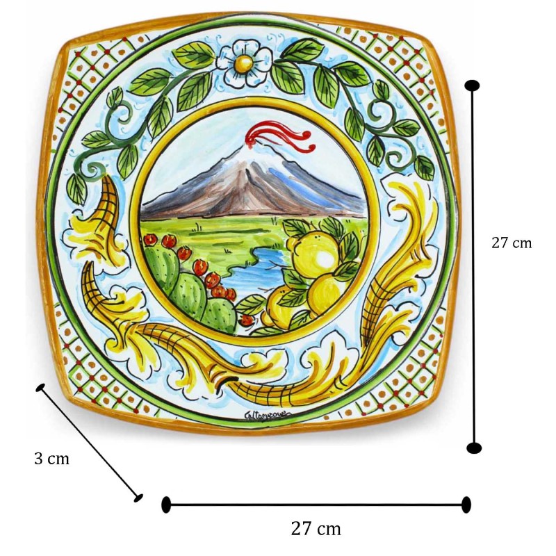 Sushi Serving Plate or Hanging Plate, Caltagirone Ceramic, L 27 x 27 cm approx. Etna Landscape and Baroque Decoration - 