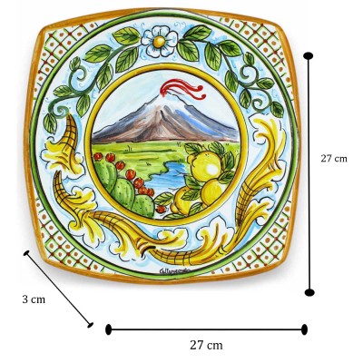 Sushi Serving Plate or Hanging Plate, Caltagirone Ceramic, L 27 x 27 cm approx. Etna Landscape and Baroque Decoration - 