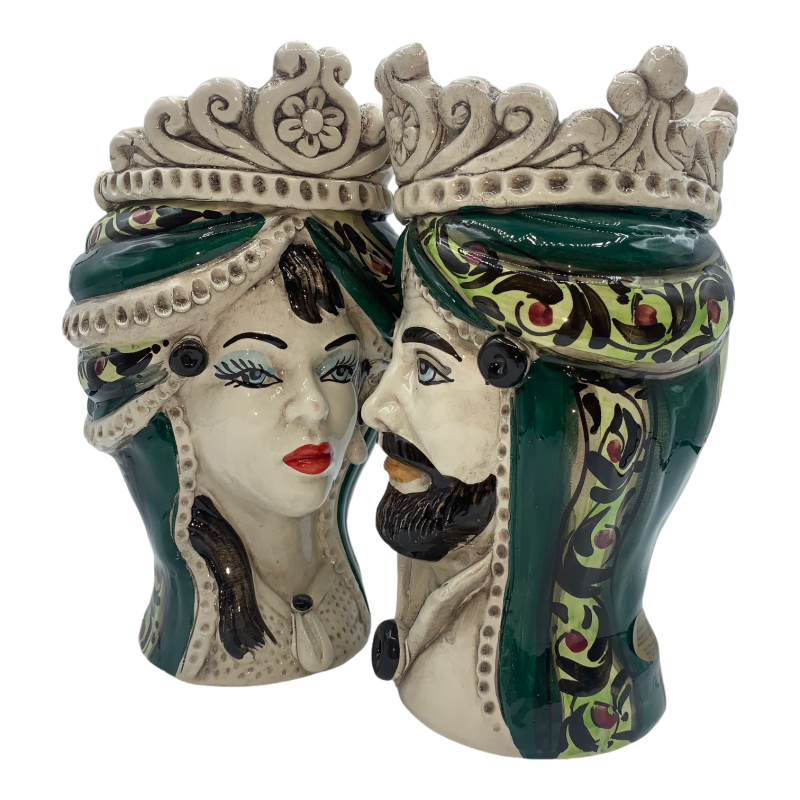 Teste di Moro Siciliane (1Unità) h 20 cm ca. ceramica Caltagirone, Modello I Normanni, colore Verde - 