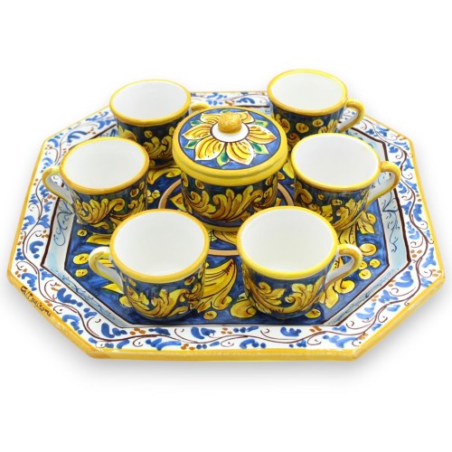 Coffee service for 6 people, Caltagirone ceramic, Yellow Baroque decoration with flower and white frame - 