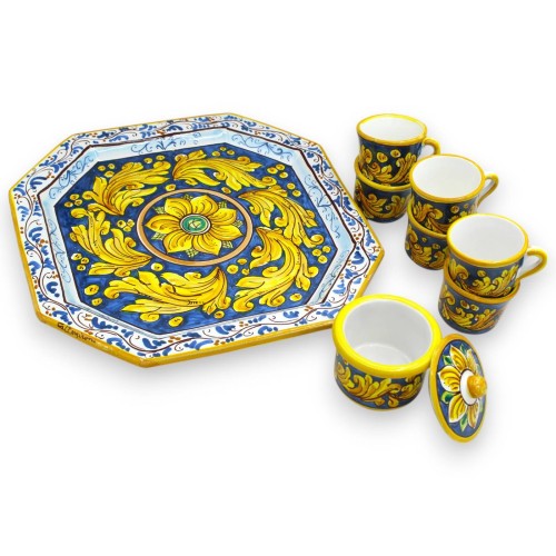 Coffee service for 6 people, Caltagirone ceramic, Yellow Baroque decoration with flower and white frame -  2