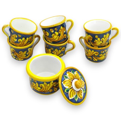 Kaffeservering för 6 personer, Caltagirone keramik, gul barockdekoration med blomma och vit ram - 