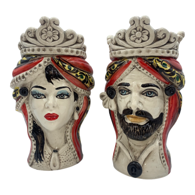 Têtes de lande siciliennes (1pc) h environ 20 cm Céramique de Caltagirone, modèle I Normanni Rosso, frise et turban - 