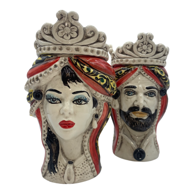 Têtes de lande siciliennes (1pc) h environ 20 cm Céramique de Caltagirone, modèle I Normanni Rosso, frise et turban - 