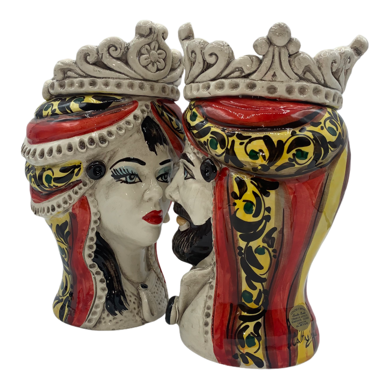 Têtes de lande siciliennes (1pc) h environ 20 cm Céramique de Caltagirone, modèle I Normanni Rosso, frise et turban - 