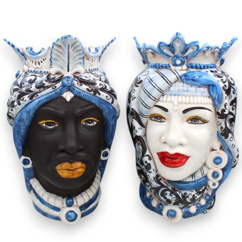 Teste di Moro Siciliane (coppia) h 38 cm ca. Con turbante, ceramica Caltagirone, decoro '600 MD2 - 