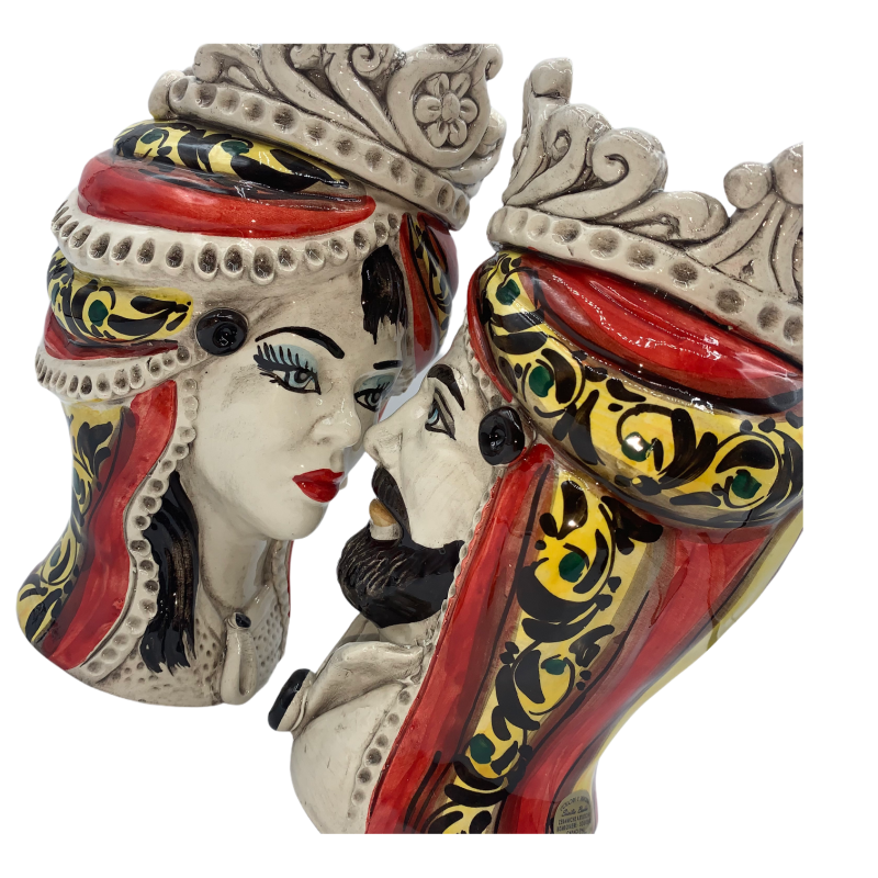 Têtes de lande siciliennes (1pc) h environ 20 cm Céramique de Caltagirone, modèle I Normanni Rosso, frise et turban - 