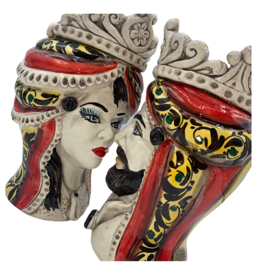 Têtes de lande siciliennes (1pc) h environ 20 cm Céramique de Caltagirone, modèle I Normanni Rosso, frise et turban - 
