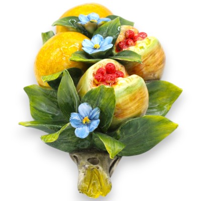 Pacote com Laranjas e Romãs, em cerâmica fina - h 30 x 20 cm aprox. folhas e flores - 