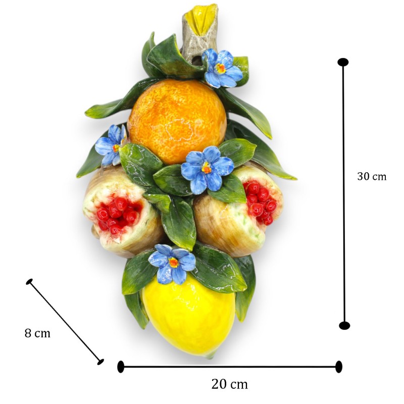 Bunt med apelsin, citron och granatäpplen, i fin keramik - h 30 x 20 cm ca. blad och blommor - 