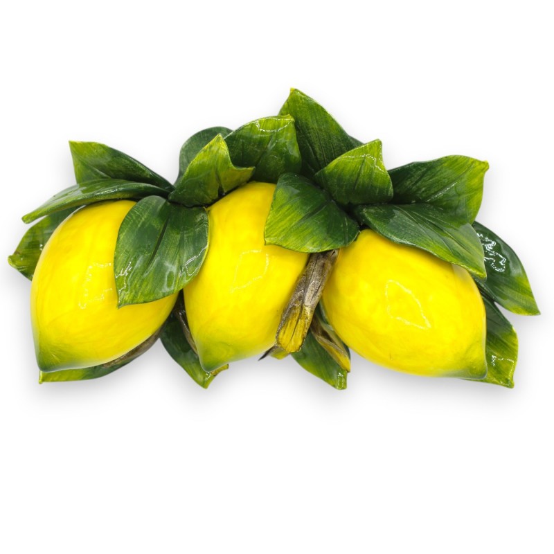 Arco Fascio met compositie van 3 MAXI citroenen en bladeren in fijn keramiek h 17 x 30 cm ca. - 