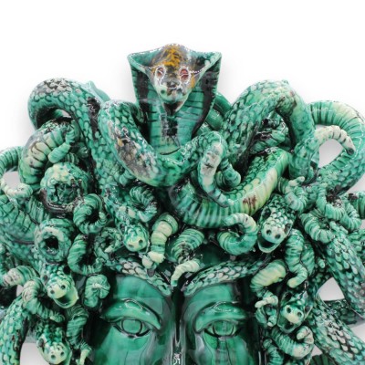Głowa Meduzy, postać mitologiczna, piękna ceramika sycylijska, wys. ok. 40 cm. Verdigris, styl nowoczesny - 