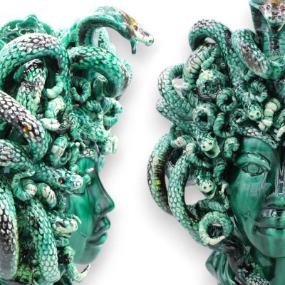 Głowa Meduzy, postać mitologiczna, piękna ceramika sycylijska, wys. ok. 40 cm. Verdigris, styl nowoczesny - 