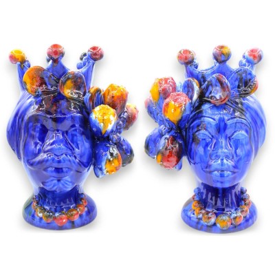 Têtes de Maures siciliens (paire) environ h 37 cm. Céramique sicilienne, Applications de figues de Barbarie et de couron