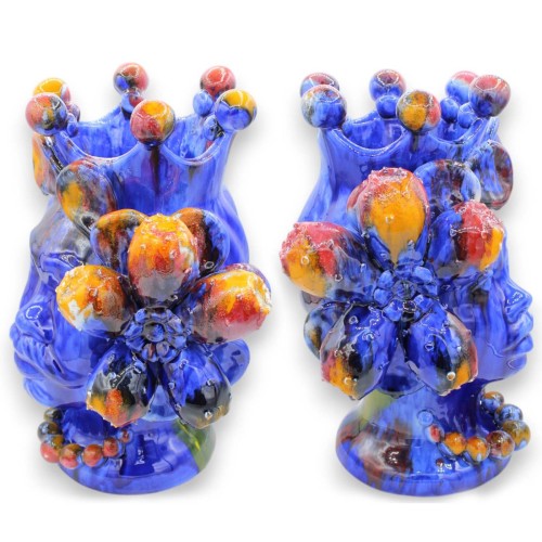 Cabeças mouriscas da Sicília (par) aprox. altura 37 cm. Cerâmica siciliana, Aplicações de figo da Índia e coroa, Estilo  2