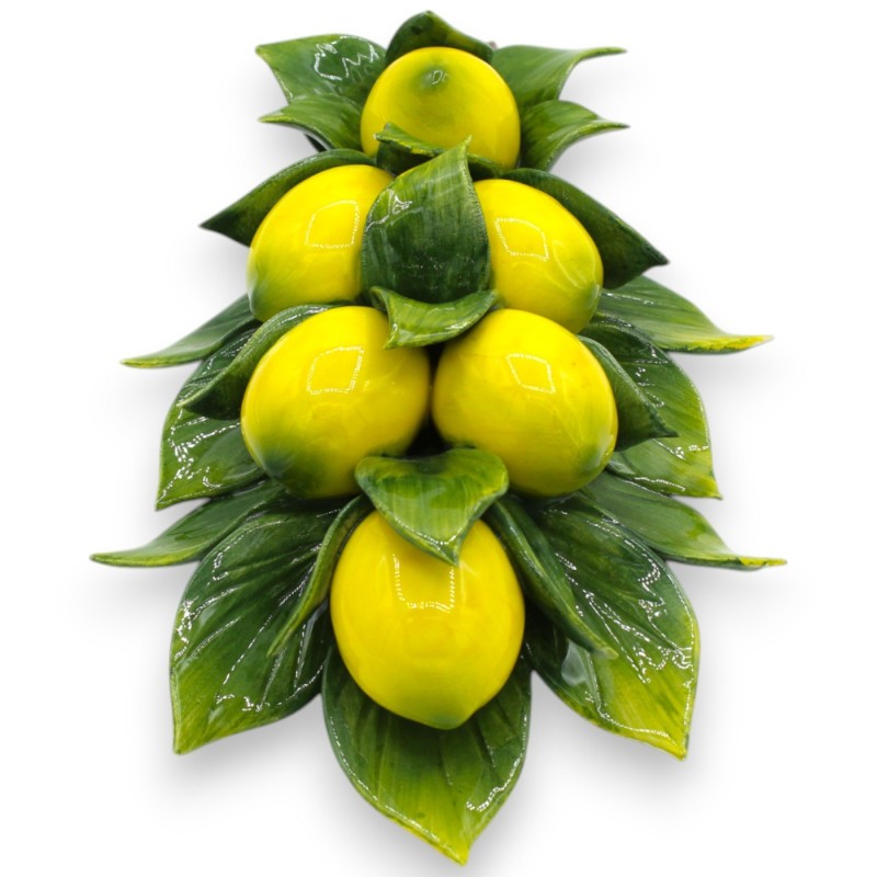 Wall bundle, branch with composition of 6 medium lemons and leaves, H 30 x 17 cm approx. Fine ceramic - 