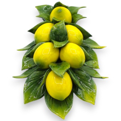 Wall bundle, branch with composition of 6 medium lemons and leaves, H 30 x 17 cm approx. Fine ceramic - 