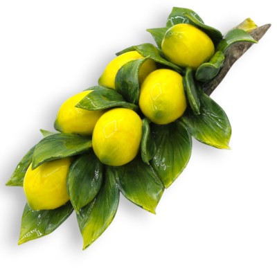 Wall bundle, branch with composition of 6 medium lemons and leaves, H 30 x 17 cm approx. Fine ceramic - 