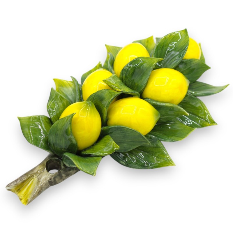 Wall bundle, branch with composition of 6 medium lemons and leaves, H 30 x 17 cm approx. Fine ceramic - 