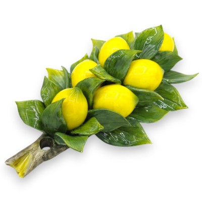 Wall bundle, branch with composition of 6 medium lemons and leaves, H 30 x 17 cm approx. Fine ceramic - 