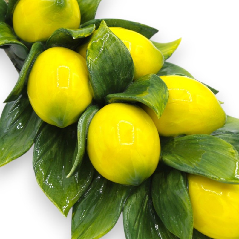 Wall bundle, branch with composition of 6 medium lemons and leaves, H 30 x 17 cm approx. Fine ceramic - 
