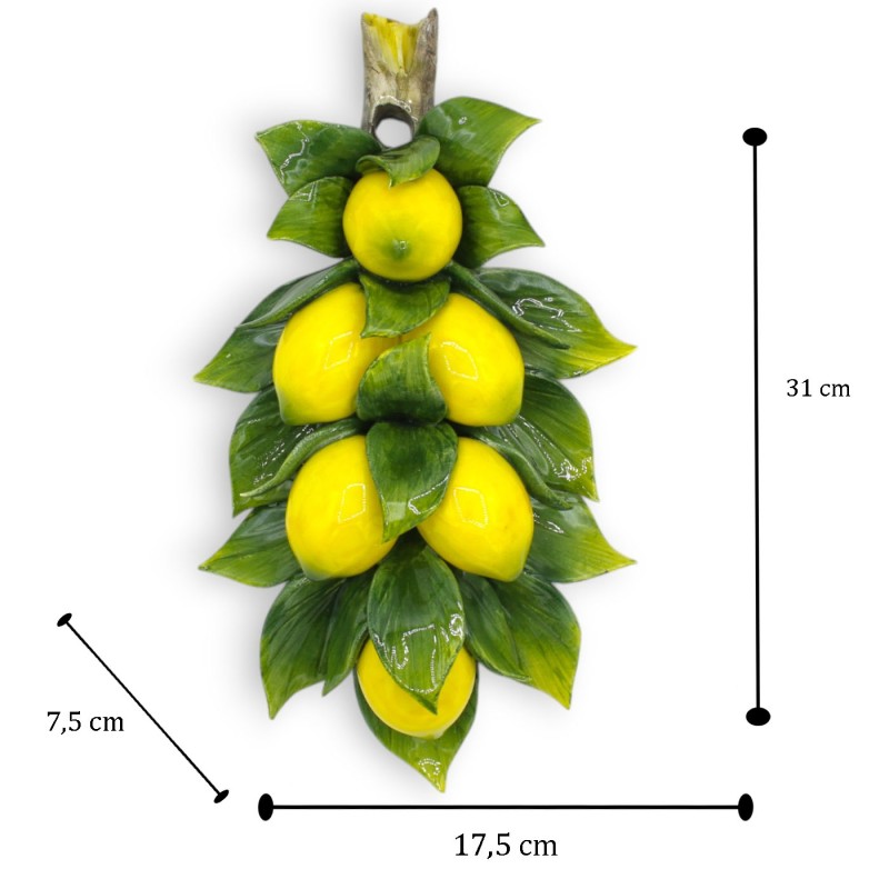 Wall bundle, branch with composition of 6 medium lemons and leaves, H 30 x 17 cm approx. Fine ceramic - 