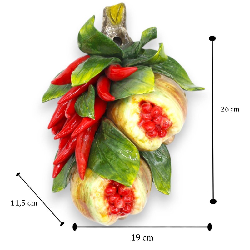 Fagot mural suspendu, branche avec composition de piments, grenades et feuilles, h 26 x 19 cm environ. - 
