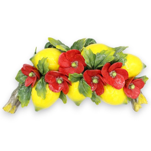 Båge med sammansättning av 6 Maxi citroner, 6 vallmo och blad, fin keramik, ca L 40 x 20 cm. - 