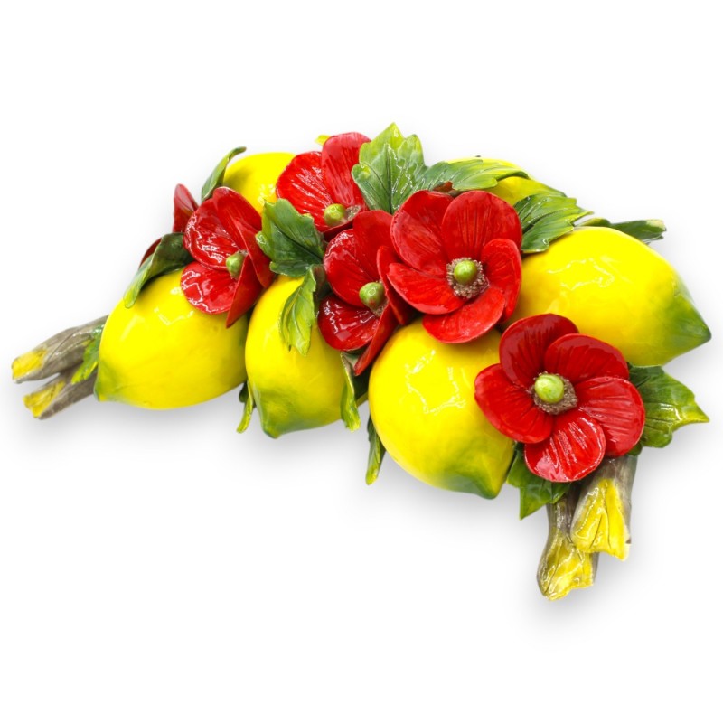 Bogen mit Komposition aus 6 Maxi-Zitronen, 6 Mohnblumen und Blättern, Feinkeramik, ca. L 40 x 20 cm. - 
