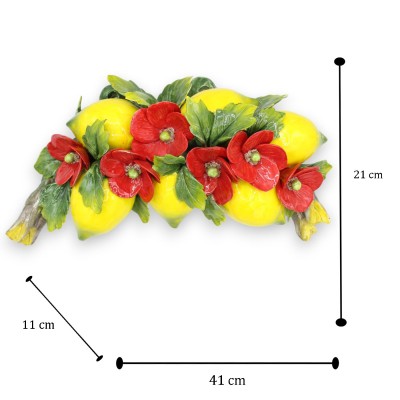Bogen mit Komposition aus 6 Maxi-Zitronen, 6 Mohnblumen und Blättern, Feinkeramik, ca. L 40 x 20 cm. - 
