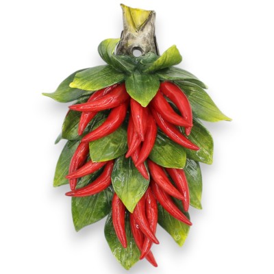 Bundle with composition of Chilli Peppers and leaves, in fine ceramic, h 30 x 20 cm approx. to hang - 