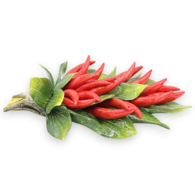 Bundle with composition of Chilli Peppers and leaves, in fine ceramic, h 30 x 20 cm approx. to hang - 