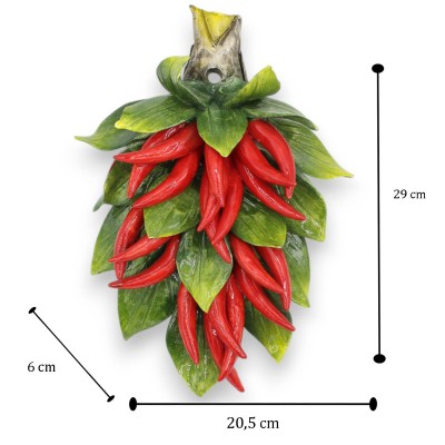 Bundle with composition of Chilli Peppers and leaves, in fine ceramic, h 30 x 20 cm approx. to hang - 