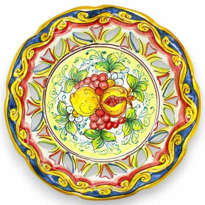 Centro de mesa con frutero festoneado y perforado, cerámica de Caltagirone, 3 opciones de tamaño (1 pieza) Frutas mixtas