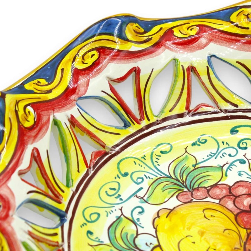 Centro de mesa con frutero festoneado y perforado, cerámica de Caltagirone, 3 opciones de tamaño (1 pieza) Frutas mixtas