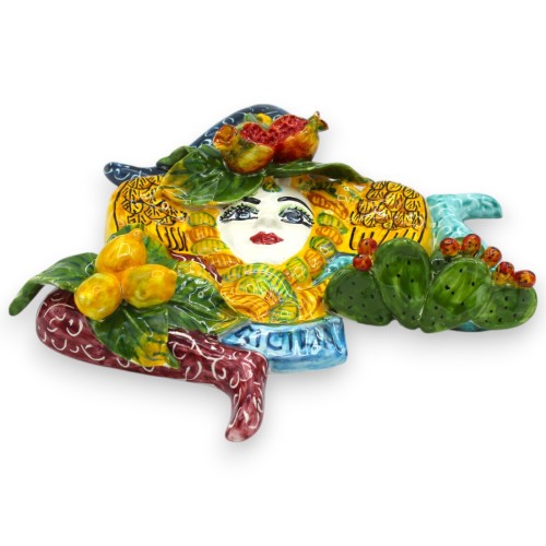 Sicilian ceramic Trinacria h 27 cm approx., Mixed fruit and prickly pear applications, multicoloured background -  2