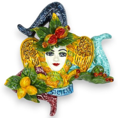 Trinacria de cerâmica siciliana h 27 cm aprox., aplicações de frutas mistas e figo da Índia, fundo multicolorido - 